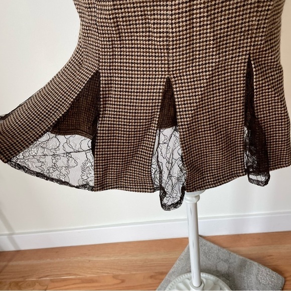 VALENTINO R.E.D Houndstooth Print Brown Wool Lace Inset Pleated Skirt IT 38 US 2 - Picture 6 of 10
